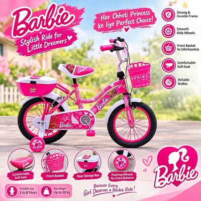 Barbie Pink Kids Bicycle with Basket & Trunk Box