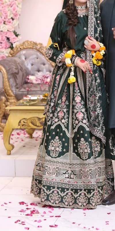 Heavy Embroidered Bottle Green Bridal Lehenga Choli - 1 Time Used