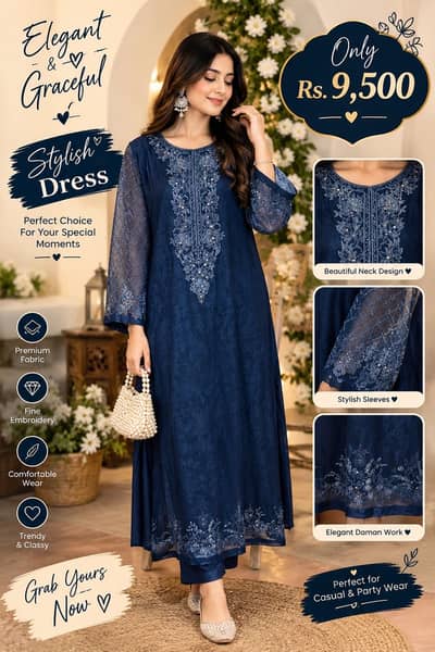 Stylish Navy Blue Embroidered Ladies Dress | Party Wear Fancy Suit |