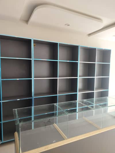 5 Shop Shelves + 8ft Glass Display Counter – Almost New