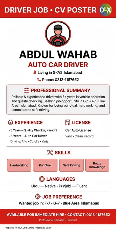 auto car driver available G/7 F/7 available in Islamabad