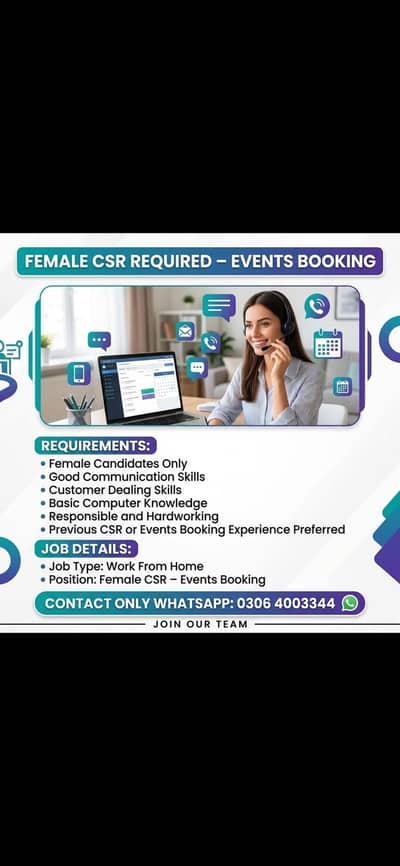 Female Required | Work from Home | Events Booking Staff CSR