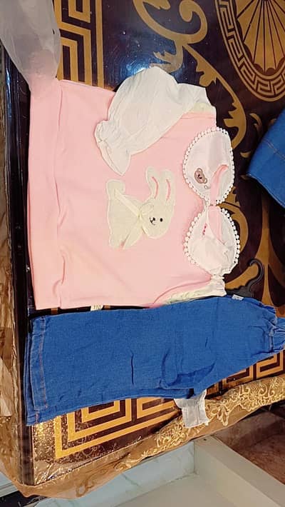 Cute Baby Girl Rabbit Pink Fancy Top & Denim Skirt 2-Piece Outfit Set