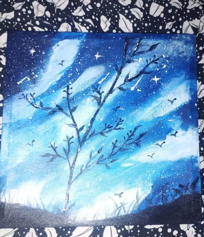 handmade starry night sky canvas painting. Blue galaxy Aclyric painting