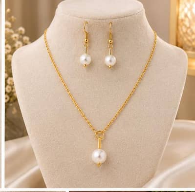 Minimalist Gold-Tone Pearl Pendant Necklace and Dangle Earring Set