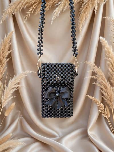 Handcrafted Black Crystal Beaded Mobile Crossbody Bag for Girls