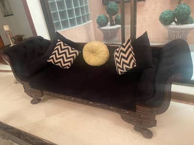 Solid Wood Carved Sofa Set | 3 Seater, Chairs, Centre Table & Ottoman