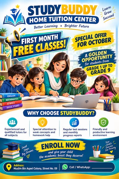 “StudyBuddy Home Tuition – Grade 1 to 9 | First Month FREE”