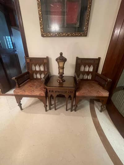 2 Wooden Carved Armchairs + Nesting Side Table | Traditional Design