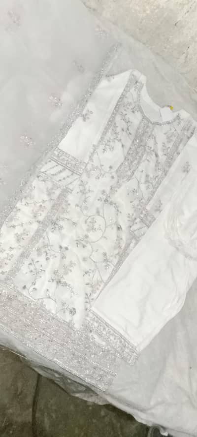 sanofa white embroidered organza party wear 3pc medium size tag