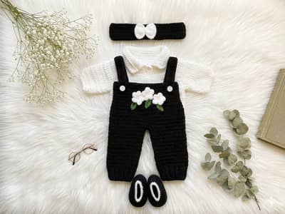 Handmade Crochet Baby Romper Set | Sweater, Headband & Shoes
