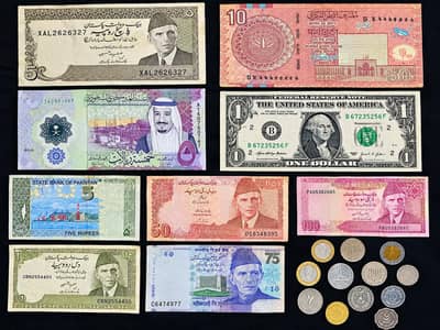 Notes and coins from different countries