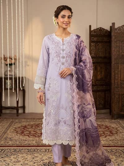 Soft Lavender Chikankari & Embroidered Dress with Scalloped Dupatta