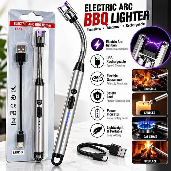 Electric Arc Lighter USB Rechargeable – Flameless Windproof 360° Flexible Long Neck BBQ, Candle & Gas Stove Lighter