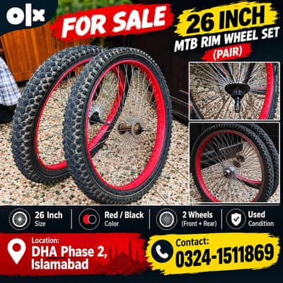 26 Inch MTB Rim Wheel Set Pair – Red Alloy – Used