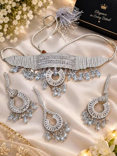 Elegant heavy silver bridal jewellery set/CRYSTAL & blue stone wedding