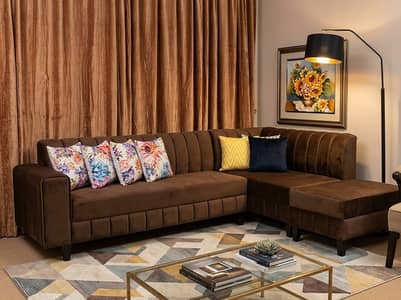 Modern Dark Brown Velvet L-Shape Sofa Set (Like New Condition)
