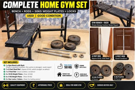 Complete Home Gym Set for Sale bench 50 kg Plates 2 rods