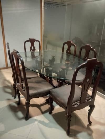 Vintage 6-Seater Solid Sheesham Wood Dining Table with Glass Top