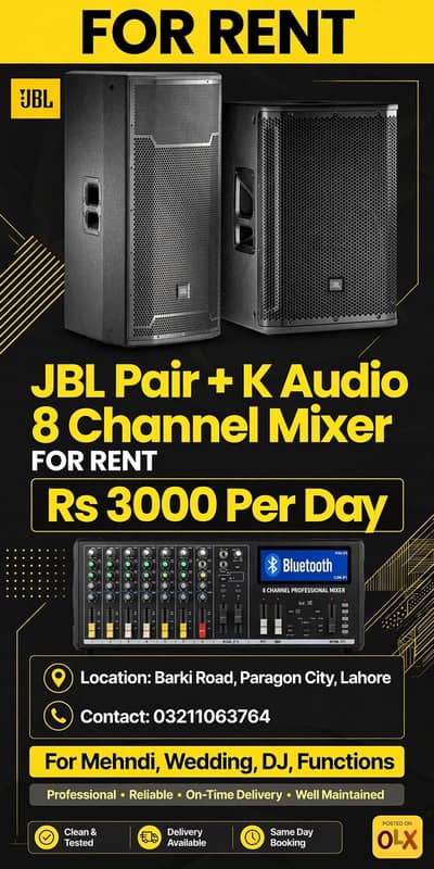 JBL Pair + K Audio Mixer For Rent Rs 3000 Per Day - Barki Road