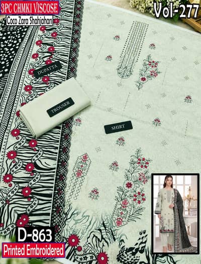 *CHAMKI VISCOSE 3PC COCO ZARA SHAHJAHAN EMBROIDERED
