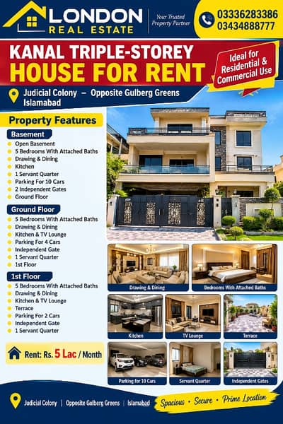 JUDICIAL COLONY 1 KANAL TRIPLE-STOREY HOUSE FOR RENT