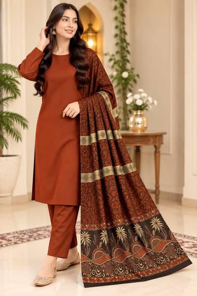 barosha jacquard pashmina wool shawl with Marina dhanak unstiched 3pc