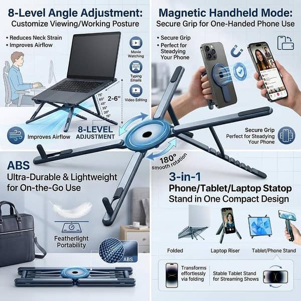 Foldable Magnetic Laptop Stand ABS Plastic Portable Adjustable Stand Heat Dissipation Holder for Smart Phone Tablet Notebook