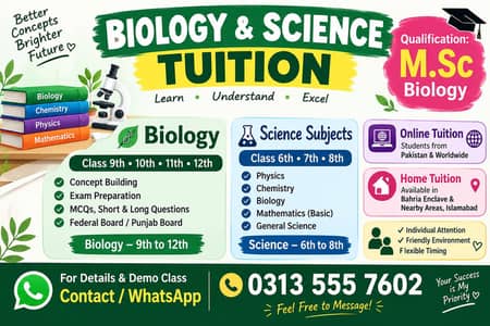 MSC biology female online & home tutor