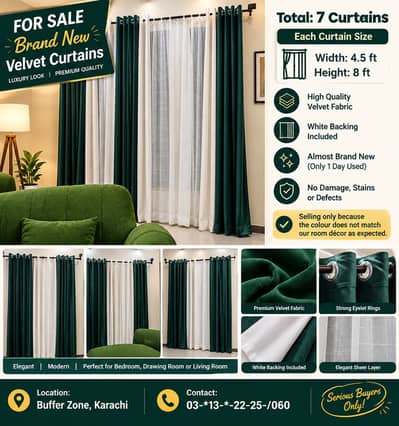 Brand New High Quality Velvet Curtains – 7 Pcs | 1 Day Used