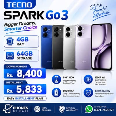 Tecno Spark GO 3 ( 4/64GB ) Available On Easy Installment Plan