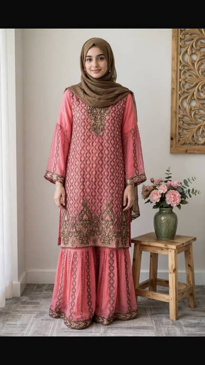 `Peach Pink Gharara Style Fancy Dress - Full Embroidered - New`