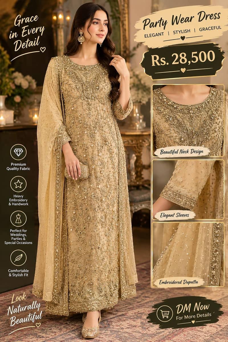 *Heavy Embroidered Gold Formal Dress | Luxury Party Wear |* 0