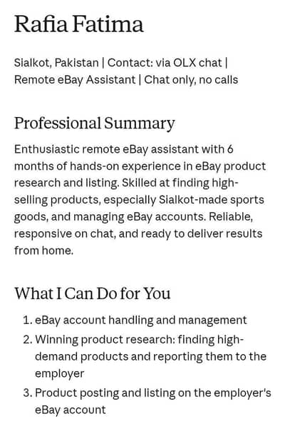 Remote eBay Assistant Available | Chat Only | 6 Months Experience