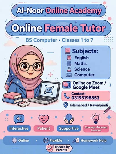 Online female Tutor for class 1 to 7 - Al- Noor Academy
