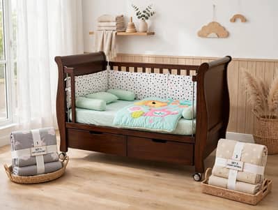babay bed with mattress and with 3 free bedding sets