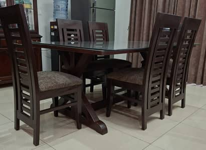 6 Men Contemporary Dining Table with 6 Solid Wood Chairs For Sale