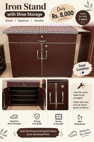Wooden iron stand with storage cabinet