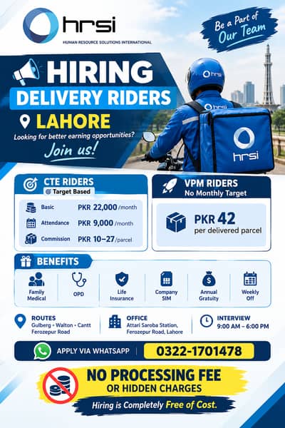 HIRING – DELIVERY RIDERS | Lahore