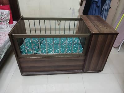 Wooden Cot with Railing and Wheels movable