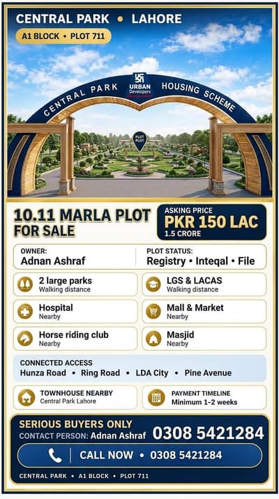 10.11 Marla Plot for Sale in Central Park Lahore, A1 Block