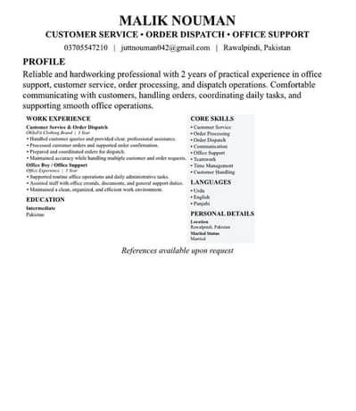 Need Job Customer Support or Office Worker ka Experience hain mujy