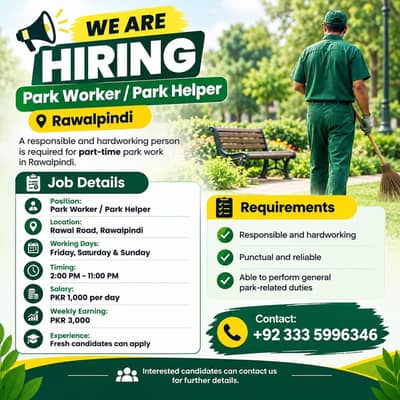 Park Worker / Park Helper Required – Part Time Job