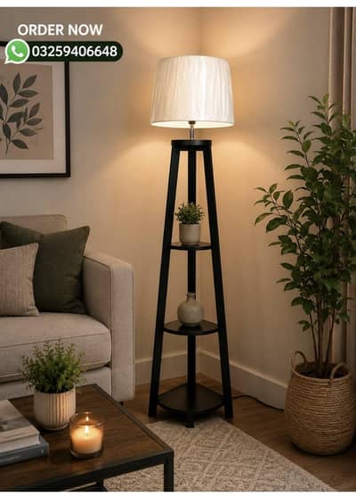 New wooden floor lamp with shelves
