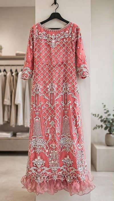Coral Peach Heavy Embroidered Mirror Work Ruffle Maksi