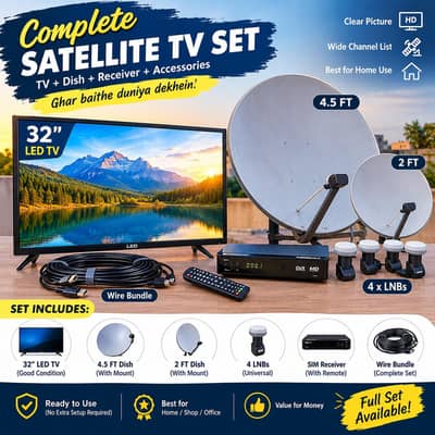 COMPLETE SATELLITE TV SET – 32" LED + DISH + RECEIVER – FULL PACKAGE
