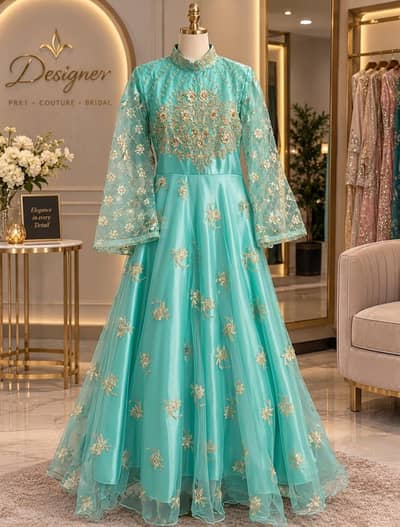 Designer Style Sea Green Fancy Embroidered Long Maxi Dress