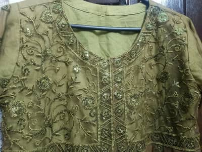 Fancy Olive Green / Mehndi Frock 3-Piece Suit - Excellent Condition