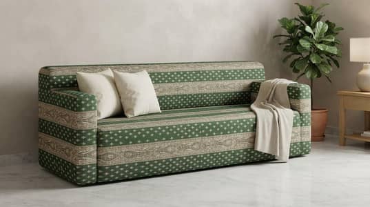 Sofa Cum Bed For Sale | Green & Beige | Good Condition