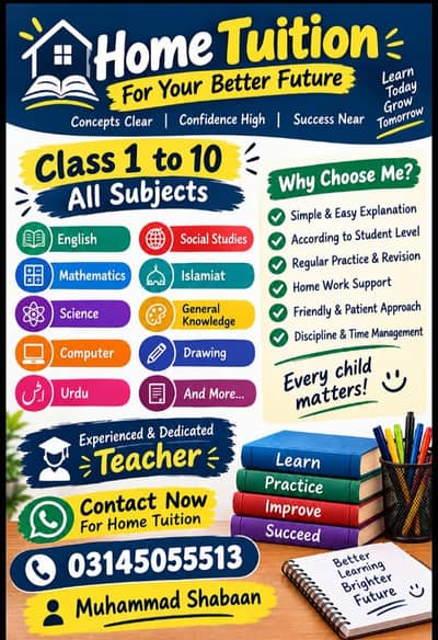 Home Tuition Teacher – Class 1 to 10 | All Subjects | Rawalpindi